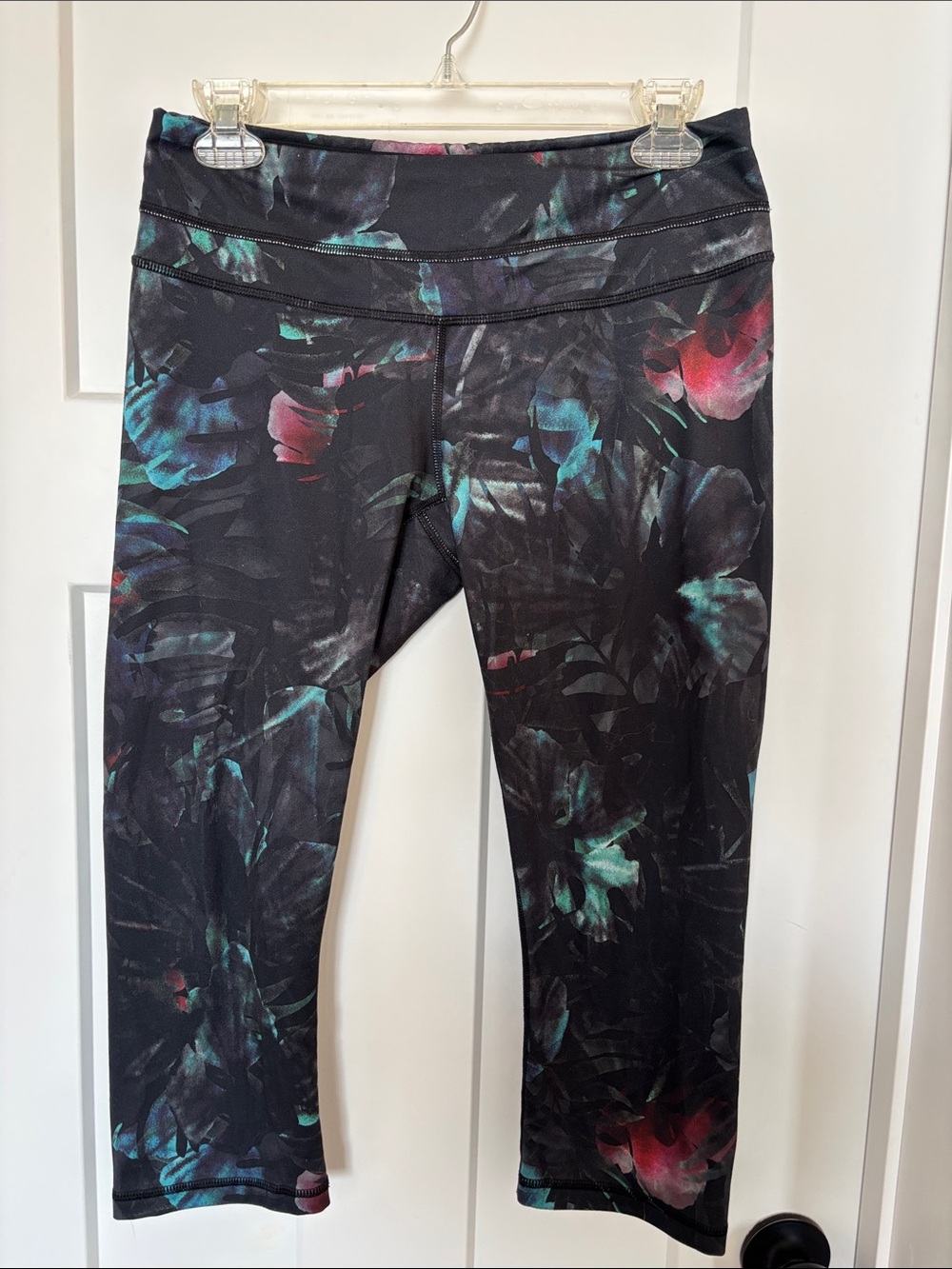 Lucy Teal and Pink Floral Black Capri Leggings